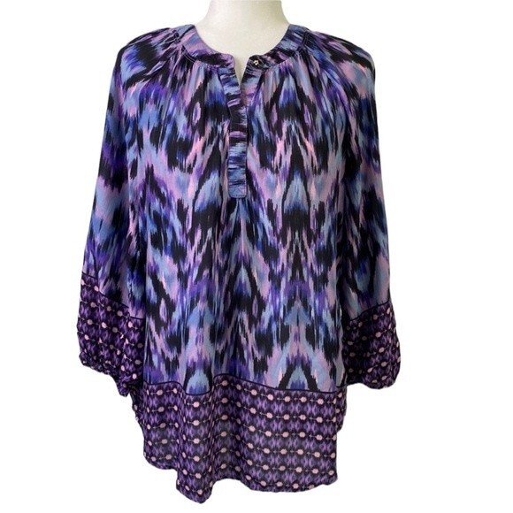 beachlunchlounge Tops - Beachlunchlounge Purple Ikat Boho V-Neck Popover Blouse Top Balloon 3/4 Sleeve